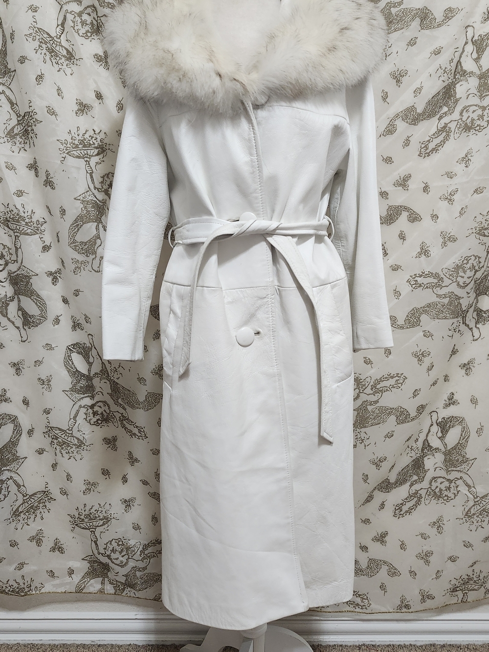 Vintage 70s White Leather Penny Lane Trench Coat Fox Fur Collar Belted Midi M